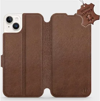 Pouzdro na mobilní telefon Kožené flip pouzdro Mobiwear - Apple iPhone 14 Plus - Hnědé (Kožené knížkové pouzdro, obal, kryt na mobil Apple iPhone 14 Plus, Hnědé, materiál Genuine Leather, ochrana 360°, stojánek, silikonová vanička, magnetické zavírání)