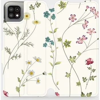 Pouzdro na mobilní telefon Flipové pouzdro Mobiwear - Samsung Galaxy A22 5G - MD03S Tenké rostlinky s květy (Knížkové flip pouzdro, obal, kryt na mobil Samsung Galaxy A22 5G - MD03S Tenké rostlinky s květy, materiál Umělá kůže + TPU - ochrana 360°, stojánek, silikonová vanička,)