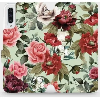 Pouzdro na mobilní telefon Flipové pouzdro Mobiwear - Samsung Galaxy A50 - MD06P Růže a květy na světle zeleném pozadí (Knížkové flip pouzdro, obal, kryt na mobil Samsung Galaxy A50 - MD06P Růže a květy na světle zeleném pozadí, materiál Umělá kůže + TPU - ochrana 360°, stojánek,)