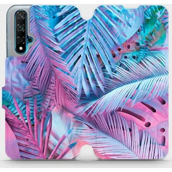 Pouzdro na mobilní telefon Flipové pouzdro Mobiwear - Huawei Nova 5T - MG10S Fialové a modré listy (Knížkové flip pouzdro, obal, kryt na mobil Huawei Nova 5T - MG10S Fialové a modré listy, materiál Umělá kůže + TPU - ochrana 360°, stojánek, silikonová vanička, magnetické zavírání)