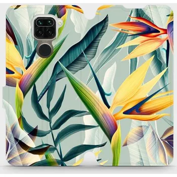 Pouzdro na mobilní telefon Flipové pouzdro Mobiwear - Xiaomi Redmi Note 9 - MC02S Žluté velké květy a zelené listy (Knížkové flip pouzdro, obal, kryt na mobil Xiaomi Redmi Note 9 - MC02S Žluté velké květy a zelené listy, materiál Umělá kůže + TPU - ochrana 360°, stojánek, silikonov