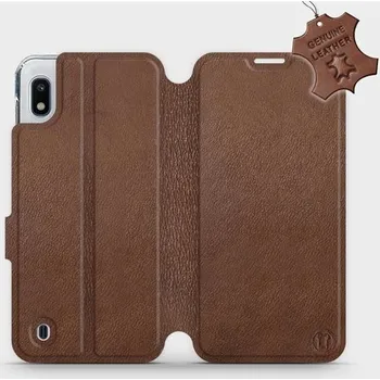 Pouzdro na mobilní telefon Kožené flip pouzdro Mobiwear - Samsung Galaxy A10 - Hnědé (Kožené knížkové pouzdro, obal, kryt na mobil Samsung Galaxy A10, Hnědé, materiál Genuine Leather, ochrana 360°, stojánek, silikonová vanička, magnetické zavírání)
