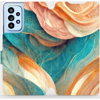 Pouzdro na mobilní telefon Flipové pouzdro Mobiwear - Samsung Galaxy A53 5G - VP36S Azurový a oranžový mramor (Knížkové flip pouzdro, obal, kryt na mobil Samsung Galaxy A53 5G - VP36S Azurový a oranžový mramor, materiál Umělá kůže + TPU - ochrana 360°, stojánek, silikonová vanička,
