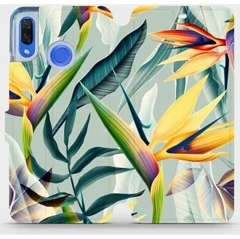 Pouzdro na mobilní telefon Flipové pouzdro Mobiwear - Huawei Nova 3 - MC02S Žluté velké květy a zelené listy (Knížkové flip pouzdro, obal, kryt na mobil Huawei Nova 3 - MC02S Žluté velké květy a zelené listy, materiál Umělá kůže + TPU - ochrana 360°, stojánek, silikonová vanička,)