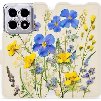 Pouzdro na mobilní telefon Flipové pouzdro Mobiwear - Xiaomi 14T Pro - VP41S Modré a žluté kvítky (Knížkové flip pouzdro, obal, kryt na mobil Xiaomi 14T Pro - VP41S Modré a žluté kvítky, materiál Umělá kůže + TPU - ochrana 360°, stojánek, silikonová vanička, magnetické zavírání)