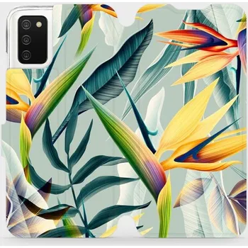 Pouzdro na mobilní telefon Flipové pouzdro Mobiwear - Samsung Galaxy A03s - MC02S Žluté velké květy a zelené listy (Knížkové flip pouzdro, obal, kryt na mobil Samsung Galaxy A03s - MC02S Žluté velké květy a zelené listy, materiál Umělá kůže + TPU - ochrana 360°, stojánek, silikonov