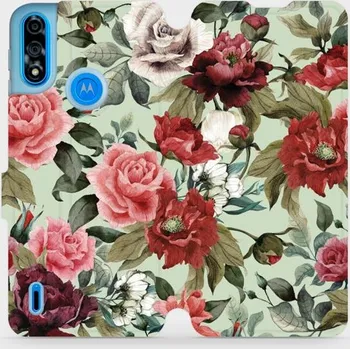 Pouzdro na mobilní telefon Flipové pouzdro Mobiwear - Motorola Moto E7 Power - MD06P Růže a květy na světle zeleném pozadí (Knížkové flip pouzdro, obal, kryt na mobil Motorola Moto E7 Power - MD06P Růže a květy na světle zeleném pozadí, materiál Umělá kůže + TPU - ochrana 360°,)