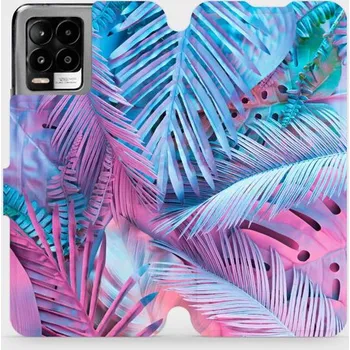 Pouzdro na mobilní telefon Flipové pouzdro Mobiwear - Realme 8 - MG10S Fialové a modré listy (Knížkové flip pouzdro, obal, kryt na mobil Realme 8 - MG10S Fialové a modré listy, materiál Umělá kůže + TPU - ochrana 360°, stojánek, silikonová vanička, magnetické zavírání)