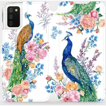 Pouzdro na mobilní telefon Flipové pouzdro Mobiwear - Samsung Galaxy A02s - MX08S Pávi (Knížkové flip pouzdro, obal, kryt na mobil Samsung Galaxy A02s - MX08S Pávi, materiál Umělá kůže + TPU - ochrana 360°, stojánek, silikonová vanička, magnetické zavírání)