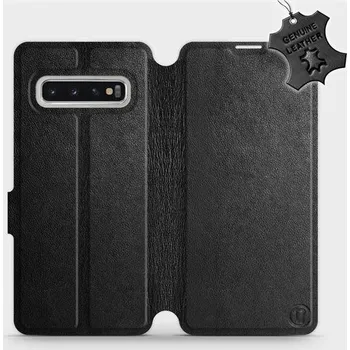 Pouzdro na mobilní telefon Kožené flip pouzdro Mobiwear - Samsung Galaxy S10 - Černé (Kožené knížkové pouzdro, obal, kryt na mobil Samsung Galaxy S10, Černé, materiál Genuine Leather, ochrana 360°, stojánek, silikonová vanička, magnetické zavírání)