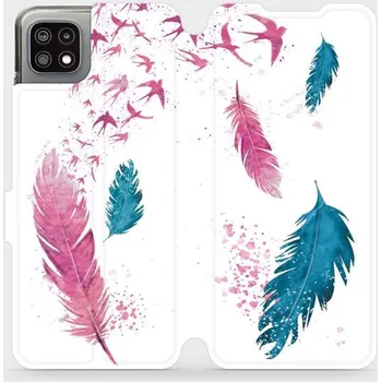 Pouzdro na mobilní telefon Flipové pouzdro Mobiwear - Samsung Galaxy A22 5G - MR08S Pírka (Knížkové flip pouzdro, obal, kryt na mobil Samsung Galaxy A22 5G - MR08S Pírka, materiál Umělá kůže + TPU - ochrana 360°, stojánek, silikonová vanička, magnetické zavírání)