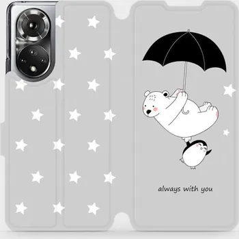 Pouzdro na mobilní telefon Flipové pouzdro Mobiwear - Honor 50 - MH08P Méďa a tučňák - always with you (Knížkové flip pouzdro, obal, kryt na mobil Honor 50 - MH08P Méďa a tučňák - always with you, materiál Umělá kůže + TPU - ochrana 360°, stojánek, silikonová vanička, magnetické)