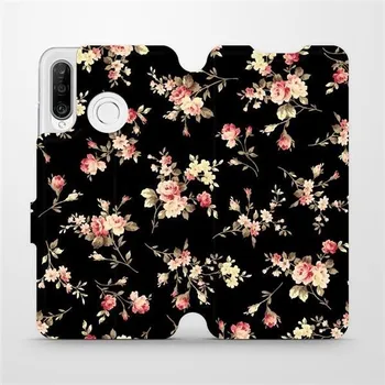 Pouzdro na mobilní telefon Flipové pouzdro Mobiwear - Huawei P30 Lite - VD02S Květy na černé (Knížkové flip pouzdro, obal, kryt na mobil Huawei P30 Lite - VD02S Květy na černé, materiál Umělá kůže + TPU - ochrana 360°, stojánek, silikonová vanička, magnetické zavírání)