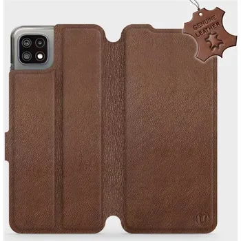 Pouzdro na mobilní telefon Kožené flip pouzdro Mobiwear - Samsung Galaxy A22 5G - Hnědé (Kožené knížkové pouzdro, obal, kryt na mobil Samsung Galaxy A22 5G, Hnědé, materiál Genuine Leather, ochrana 360°, stojánek, silikonová vanička, magnetické zavírání)