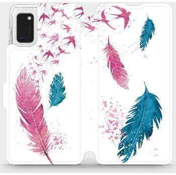 Pouzdro na mobilní telefon Flipové pouzdro Mobiwear - Samsung Galaxy A41 - MR08S Pírka (Knížkové flip pouzdro, obal, kryt na mobil Samsung Galaxy A41 - MR08S Pírka, materiál Umělá kůže + TPU - ochrana 360°, stojánek, silikonová vanička, magnetické zavírání)