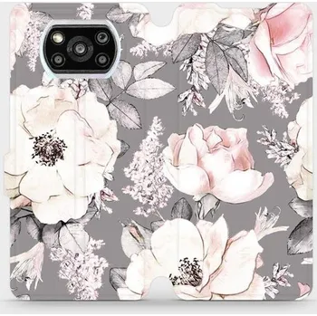 Pouzdro na mobilní telefon Flipové pouzdro Mobiwear - Xiaomi Poco X3 Pro - MX06S Květy na šedém pozadí (Knížkové flip pouzdro, obal, kryt na mobil Xiaomi Poco X3 Pro - MX06S Květy na šedém pozadí, materiál Umělá kůže + TPU - ochrana 360°, stojánek, silikonová vanička, magnetické)