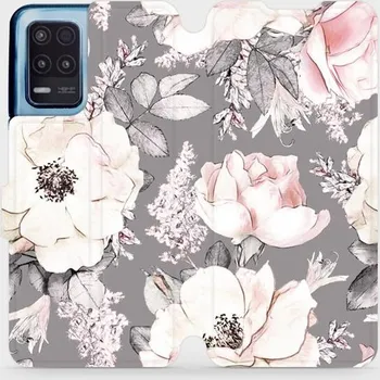Pouzdro na mobilní telefon Flipové pouzdro Mobiwear - Realme 8 5G - MX06S Květy na šedém pozadí (Knížkové flip pouzdro, obal, kryt na mobil Realme 8 5G - MX06S Květy na šedém pozadí, materiál Umělá kůže + TPU - ochrana 360°, stojánek, silikonová vanička, magnetické zavírání)