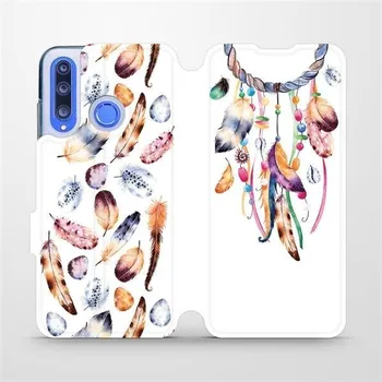 Pouzdro na mobilní telefon Flipové pouzdro Mobiwear - Honor 20 Lite - M003S Lapač a barevná pírka (Knížkové flip pouzdro, obal, kryt na mobil Honor 20 Lite - M003S Lapač a barevná pírka, materiál Umělá kůže + TPU - ochrana 360°, stojánek, silikonová vanička, magnetické zavírání)