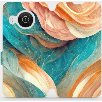 Pouzdro na mobilní telefon Flipové pouzdro Mobiwear - Nokia X10 - VP36S Azurový a oranžový mramor (Knížkové flip pouzdro, obal, kryt na mobil Nokia X10 - VP36S Azurový a oranžový mramor, materiál Umělá kůže + TPU - ochrana 360°, stojánek, silikonová vanička, magnetické zavírání)