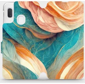 Pouzdro na mobilní telefon Flipové pouzdro Mobiwear - Samsung Galaxy A20e - VP36S Azurový a oranžový mramor (Knížkové flip pouzdro, obal, kryt na mobil Samsung Galaxy A20e - VP36S Azurový a oranžový mramor, materiál Umělá kůže + TPU - ochrana 360°, stojánek, silikonová vanička,)