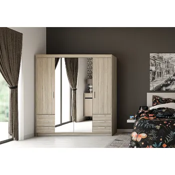 Šatní skříň LEMPERT Šatní skříň ELIS 4D 6S se zrcadlem - dub sonoma