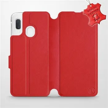 Pouzdro na mobilní telefon Kožené flip pouzdro Mobiwear - Samsung Galaxy A20e - Červené (Kožené knížkové pouzdro, obal, kryt na mobil Samsung Galaxy A20e, Červené, materiál Genuine Leather, ochrana 360°, stojánek, silikonová vanička, magnetické zavírání)