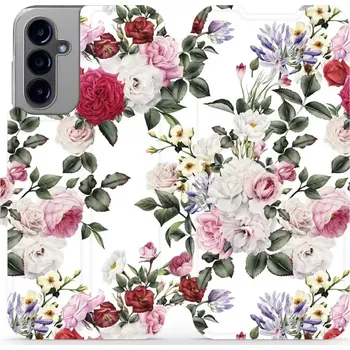 Pouzdro na mobilní telefon Flipové pouzdro Mobiwear - Samsung Galaxy A14 LTE / 5G - MD01S Růže na bílé (Knížkové flip pouzdro, obal, kryt na mobil Samsung Galaxy A14 LTE / 5G - MD01S Růže na bílé, materiál Umělá kůže + TPU - ochrana 360°, stojánek, silikonová vanička, magnetické)