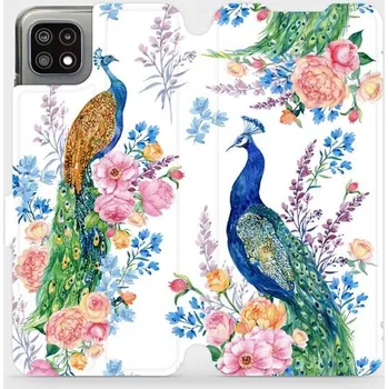 Pouzdro na mobilní telefon Flipové pouzdro Mobiwear - Samsung Galaxy A22 5G - MX08S Pávi (Knížkové flip pouzdro, obal, kryt na mobil Samsung Galaxy A22 5G - MX08S Pávi, materiál Umělá kůže + TPU - ochrana 360°, stojánek, silikonová vanička, magnetické zavírání)