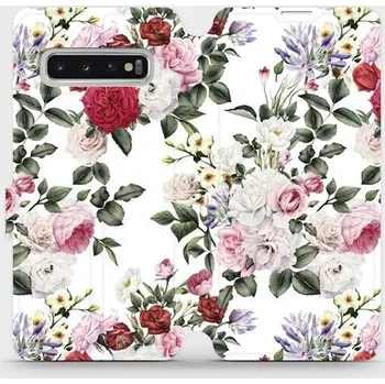 Pouzdro na mobilní telefon Flipové pouzdro Mobiwear - Samsung Galaxy S10 - MD01S Růže na bílé (Knížkové flip pouzdro, obal, kryt na mobil Samsung Galaxy S10 - MD01S Růže na bílé, materiál Umělá kůže + TPU - ochrana 360°, stojánek, silikonová vanička, magnetické zavírání)