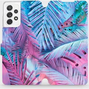Pouzdro na mobilní telefon Flipové pouzdro Mobiwear - Samsung Galaxy A72 - MG10S Fialové a modré listy (Knížkové flip pouzdro, obal, kryt na mobil Samsung Galaxy A72 - MG10S Fialové a modré listy, materiál Umělá kůže + TPU - ochrana 360°, stojánek, silikonová vanička, magnetické)