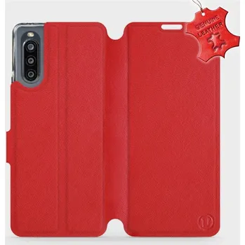 Pouzdro na mobilní telefon Kožené flip pouzdro Mobiwear - Sony Xperia 10 IV - Červené (Kožené knížkové pouzdro, obal, kryt na mobil Sony Xperia 10 IV, Červené, materiál Genuine Leather, ochrana 360°, stojánek, silikonová vanička, magnetické zavírání)