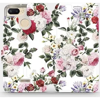 Pouzdro na mobilní telefon Flipové pouzdro Mobiwear - Xiaomi Redmi 6 - MD01S Růže na bílé (Knížkové flip pouzdro, obal, kryt na mobil Xiaomi Redmi 6 - MD01S Růže na bílé, materiál Umělá kůže + TPU - ochrana 360°, stojánek, silikonová vanička, magnetické zavírání)