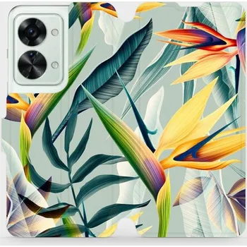 Pouzdro na mobilní telefon Flipové pouzdro Mobiwear - OnePlus Nord 2T 5G - MC02S Žluté velké květy a zelené listy (Knížkové flip pouzdro, obal, kryt na mobil OnePlus Nord 2T 5G - MC02S Žluté velké květy a zelené listy, materiál Umělá kůže + TPU - ochrana 360°, stojánek, silikonová)