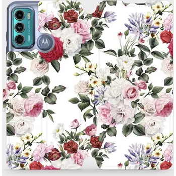 Pouzdro na mobilní telefon Flipové pouzdro Mobiwear - Motorola Moto G60 - MD01S Růže na bílé (Knížkové flip pouzdro, obal, kryt na mobil Motorola Moto G60 - MD01S Růže na bílé, materiál Umělá kůže + TPU - ochrana 360°, stojánek, silikonová vanička, magnetické zavírání)