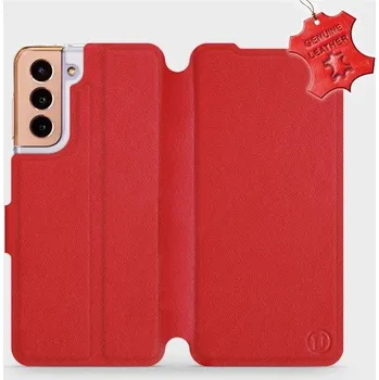 Pouzdro na mobilní telefon Kožené flip pouzdro Mobiwear - Samsung Galaxy S21 5G - Červené (Kožené knížkové pouzdro, obal, kryt na mobil Samsung Galaxy S21 5G, Červené, materiál Genuine Leather, ochrana 360°, stojánek, silikonová vanička, magnetické zavírání)