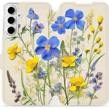 Pouzdro na mobilní telefon Flipové pouzdro Mobiwear - Samsung Galaxy A16 / A16 5G - VP41S Modré a žluté kvítky (Knížkové flip pouzdro, obal, kryt na mobil Samsung Galaxy A16 / A16 5G - VP41S Modré a žluté kvítky, materiál Umělá kůže + TPU - ochrana 360°, stojánek, silikonová vaničk