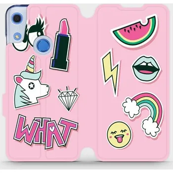 Pouzdro na mobilní telefon Flipové pouzdro Mobiwear - Huawei Y6S / Honor 8A - M129S Růžové WHAT (Knížkové flip pouzdro, obal, kryt na mobil Huawei Y6S / Honor 8A - M129S Růžové WHAT, materiál Umělá kůže + TPU - ochrana 360°, stojánek, silikonová vanička, magnetické zavírání)