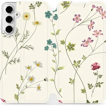 Pouzdro na mobilní telefon Flipové pouzdro Mobiwear - Samsung Galaxy A16 / A16 5G - MD03S Tenké rostlinky s květy (Knížkové flip pouzdro, obal, kryt na mobil Samsung Galaxy A16 / A16 5G - MD03S Tenké rostlinky s květy, materiál Umělá kůže + TPU - ochrana 360°, stojánek, silikonová)