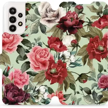 Pouzdro na mobilní telefon Flipové pouzdro Mobiwear - Samsung Galaxy A13 - MD06P Růže a květy na světle zelené (Knížkové flip pouzdro, obal, kryt na mobil Samsung Galaxy A13 - MD06P Růže a květy na světle zelené, materiál Umělá kůže + TPU - ochrana 360°, stojánek, silikonová vaničk