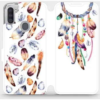 Pouzdro na mobilní telefon Flipové pouzdro Mobiwear - Samsung Galaxy M11 - M003S Lapač a barevná pírka (Knížkové flip pouzdro, obal, kryt na mobil Samsung Galaxy M11 - M003S Lapač a barevná pírka, materiál Umělá kůže + TPU - ochrana 360°, stojánek, silikonová vanička, magnetické)