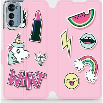 Pouzdro na mobilní telefon Flipové pouzdro Mobiwear - Motorola Moto E32 - M129S Růžové WHAT (Knížkové flip pouzdro, obal, kryt na mobil Motorola Moto E32 - M129S Růžové WHAT, materiál Umělá kůže + TPU - ochrana 360°, stojánek, silikonová vanička, magnetické zavírání)