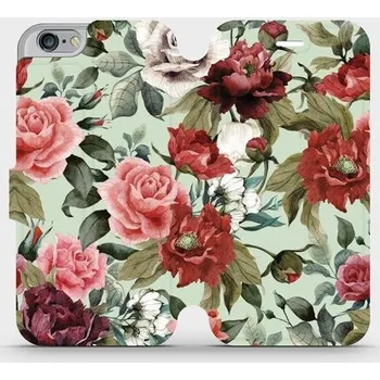 Pouzdro na mobilní telefon Flipové pouzdro Mobiwear - Apple iPhone 6 / iPhone 6s - MD06P Růže a květy na světle zeleném pozadí (Knížkové flip pouzdro, obal, kryt na mobil Apple iPhone 6 / iPhone 6s - MD06P Růže a květy na světle zeleném pozadí, materiál Umělá kůže + TPU - ochrana)