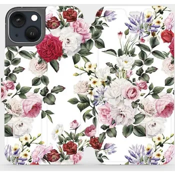 Pouzdro na mobilní telefon Flipové pouzdro Mobiwear - Apple iPhone 13 - MD01S Růže na bílé (Knížkové flip pouzdro, obal, kryt na mobil Apple iPhone 13 - MD01S Růže na bílé, materiál Umělá kůže + TPU - ochrana 360°, stojánek, silikonová vanička, magnetické zavírání)