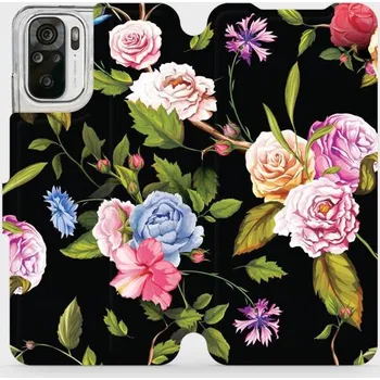 Pouzdro na mobilní telefon Flipové pouzdro Mobiwear - Xiaomi Redmi Note 10S - VD07S Růže a květy na černém pozadí (Knížkové flip pouzdro, obal, kryt na mobil Xiaomi Redmi Note 10S - VD07S Růže a květy na černém pozadí, materiál Umělá kůže + TPU - ochrana 360°, stojánek, silikonová)