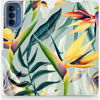 Pouzdro na mobilní telefon Flipové pouzdro Mobiwear - Motorola Moto G41 - MC02S Žluté velké květy a zelené listy (Knížkové flip pouzdro, obal, kryt na mobil Motorola Moto G41 - MC02S Žluté velké květy a zelené listy, materiál Umělá kůže + TPU - ochrana 360°, stojánek, silikonová)