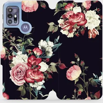 Pouzdro na mobilní telefon Flipové pouzdro Mobiwear - Motorola Moto G30 - VD11P Růže na černé (Knížkové flip pouzdro, obal, kryt na mobil Motorola Moto G30 - VD11P Růže na černé, materiál Umělá kůže + TPU - ochrana 360°, stojánek, silikonová vanička, magnetické zavírání)