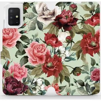 Pouzdro na mobilní telefon Flipové pouzdro Mobiwear - Samsung Galaxy A51 - MD06P Růže a květy na světle zeleném pozadí (Knížkové flip pouzdro, obal, kryt na mobil Samsung Galaxy A51 - MD06P Růže a květy na světle zeleném pozadí, materiál Umělá kůže + TPU - ochrana 360°, stojánek,)