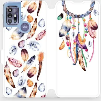Pouzdro na mobilní telefon Flipové pouzdro Mobiwear - Motorola Moto G30 - M003S Lapač a barevná pírka (Knížkové flip pouzdro, obal, kryt na mobil Motorola Moto G30 - M003S Lapač a barevná pírka, materiál Umělá kůže + TPU - ochrana 360°, stojánek, silikonová vanička, magnetické)