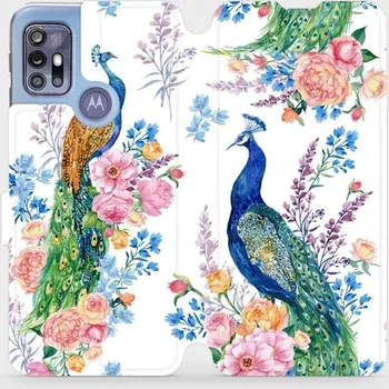 Pouzdro na mobilní telefon Flipové pouzdro Mobiwear - Motorola Moto G30 - MX08S Pávi (Knížkové flip pouzdro, obal, kryt na mobil Motorola Moto G30 - MX08S Pávi, materiál Umělá kůže + TPU - ochrana 360°, stojánek, silikonová vanička, magnetické zavírání)