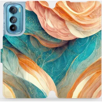 Pouzdro na mobilní telefon Flipové pouzdro Mobiwear - Motorola Edge 30 5G - VP36S Azurový a oranžový mramor (Knížkové flip pouzdro, obal, kryt na mobil Motorola Edge 30 5G - VP36S Azurový a oranžový mramor, materiál Umělá kůže + TPU - ochrana 360°, stojánek, silikonová vanička,)